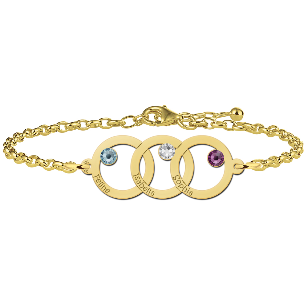 Goldenes Mutter-Tochter-Armband mit drei Kreisen und Geburtssteinen