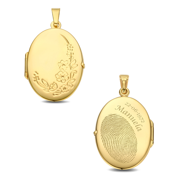 Goldenes Medaillon oval mit Blumenrand und Gravur