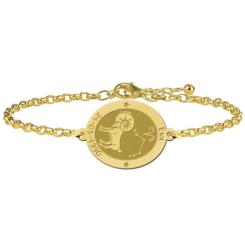 Vergoldetes ovales Sternzeichen Armband Widder mit Name und Datum