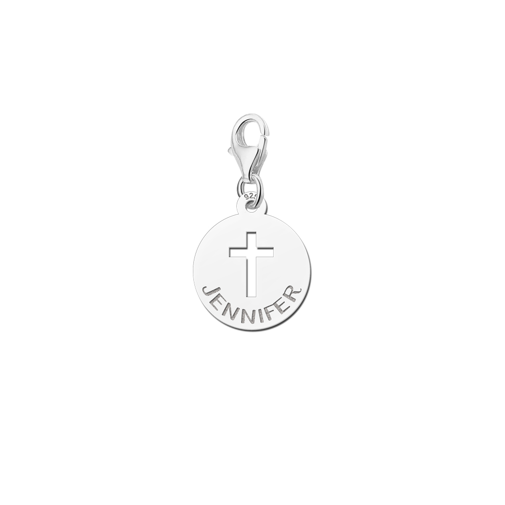 Silberner Charm mit Kreuz und Namen