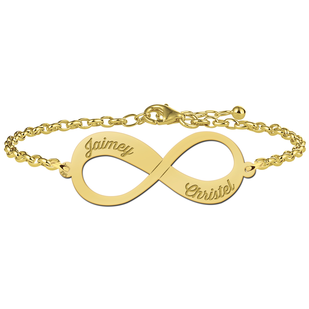 Infinity Armband aus Gold mit zwei geschriebenen Namen