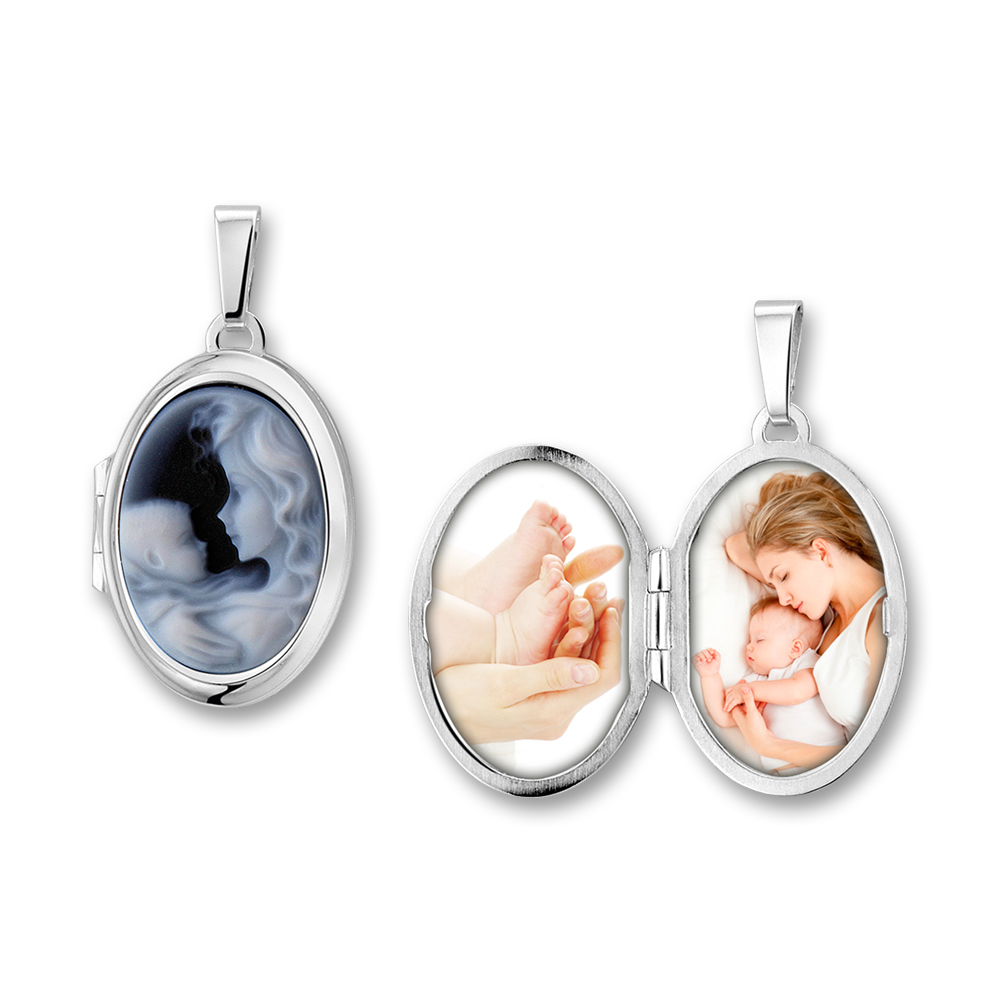 Ovales Medaillon in Silber Cameo blau "Mutter und Kind"