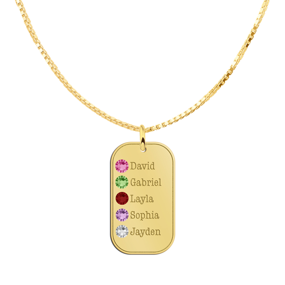Goldener Anhänger mit fünf Namen und Zirkonia-Geburtssteinen