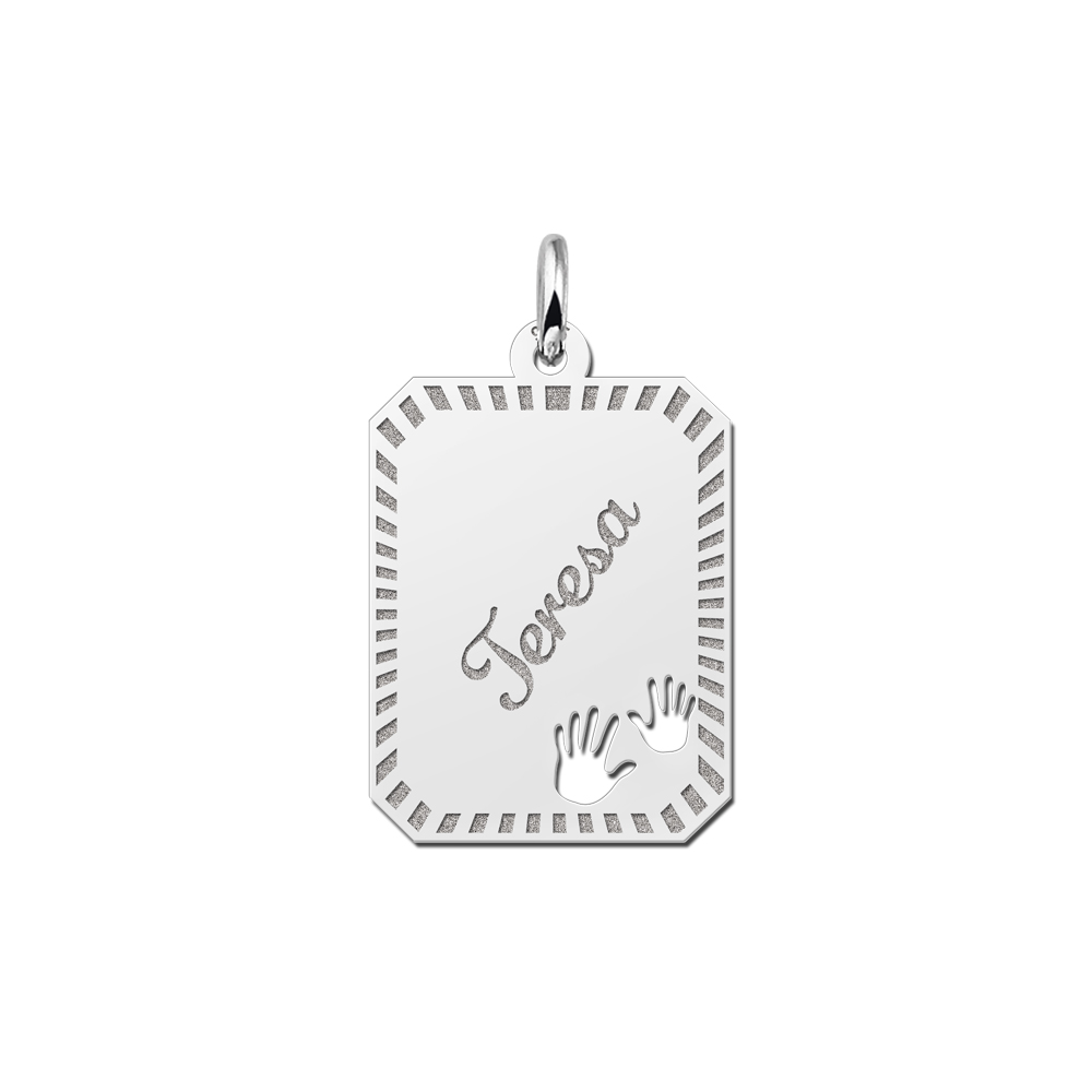 Kettenanhänger Silber Gravurplatte16  8-eckig mit Rand und Händchen