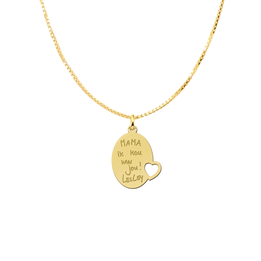 Ovaler Kettenanhänger aus Gold mit Herz und Textgravur