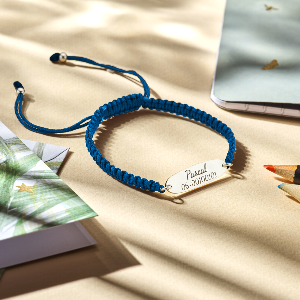 Silbernes Kinderarmband mit Namen und Telefonnummer Blau