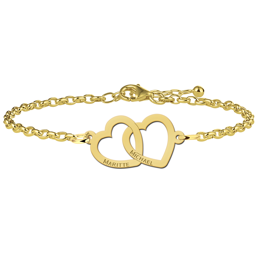 Armband aus 14 Karat Gold mit zwei verbundenen Herzen und Namen
